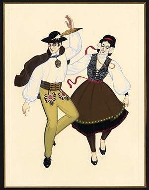 Antique Watercolour Drawing-FOLK DANCING-COSTUME-SPAIN-1899