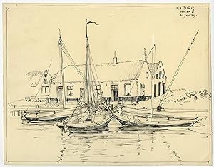 Antique Drawing-HARBOUR-SHIP-ELBURG-Anonymous-1949