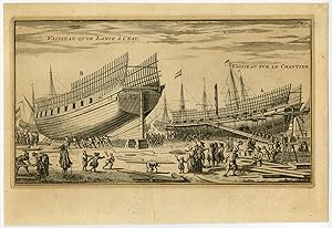 Rare Antique Print-LAUNCH-SHIP-CONSTRUCTION-DOCK-Mortier-1718