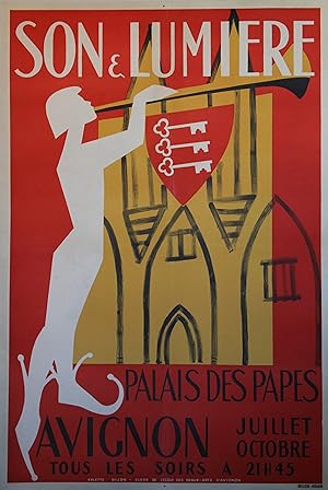 "SON ET LUMIÈRE PALAIS DES PAPES AVIGNON" Affiche originale entoilée Litho Arlette DIJON 1955