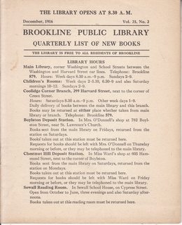 Brookline Public Library Quarterly List of New Books Vol. 23 No. 2 Dec. 1916