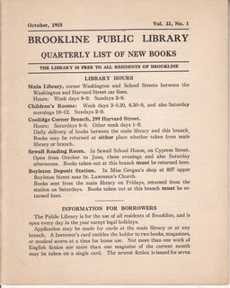 Brookline Public Library Quarterly List of New Books Vol. 22 No. 1 Oct. 1915