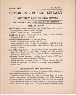 Brookline Public Library Quarterly List of New Books Vol. 22 No. 1 Oct. 1915