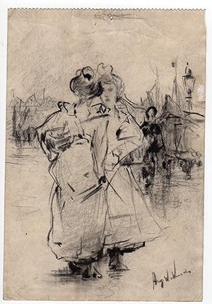 Antique Drawing-STREET SCENE-WOMEN-ROTTERDAM-IMPRESSIONISM-van Voorden-c.1905