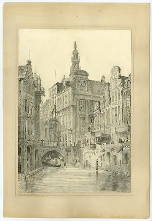 Antique Drawing-UTRECHT-CANAL-CITY HALL-Prout-Faithorne-c.1840