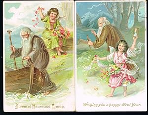 Father Time & Angel New Year Embossed Postcards x 2