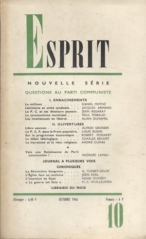 Revue Esprit. 1966, numéro 10. Questions au parti communiste (11 articles). Octobre 1966.