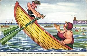 Künstler Ansichtskarte / Postkarte Dicke Frau und dünner Mann in Ruderboot