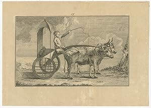 Antique Print of a Cart and Oxen (c.1840)