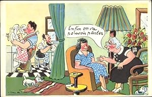 Künstler Ansichtskarte / Postkarte De Pressac, Jean, Ehemänner waschen Geschirr ab, Frauen unterh...
