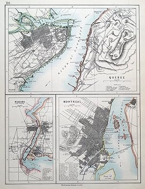 Antique Map QUEBEC, MONTREAL, NIAGARA, CANADA Johnston, City Plans c1900