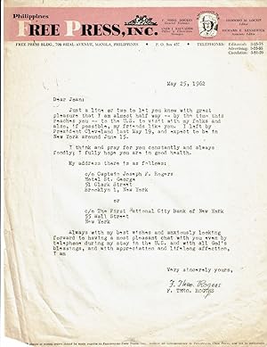TYPED LETTER SIGNED by the Philippines Free Press General Manager F. THEO ROGERS on the paper's s...