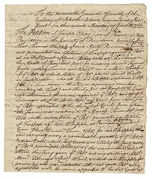 Three-page autograph manuscript petition to the General Assembly of the Colony of Rhode Island co...