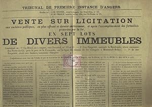 Affiche de notaire pour la vente de diverses propriétés à Angers et alentours, dont un vaste Hôte...