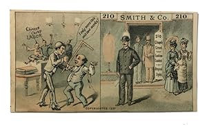 A Two panel Anti-Chinese Trade card promoting Smith & Co., a store located at 210 Chapel Street i...