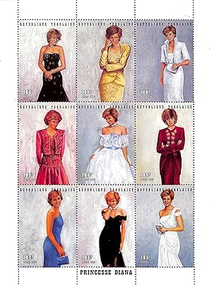 Princesse Diana Royal Gowns Plate Block: Official Legal Tender 9 Postage Stamps