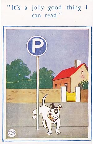 Dog Urinating Toilet Car Parking Sign Old Comic Postcard