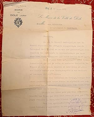 Original letter from the Mayor of Dole (Jura) to the Refugees currently at Champvans.