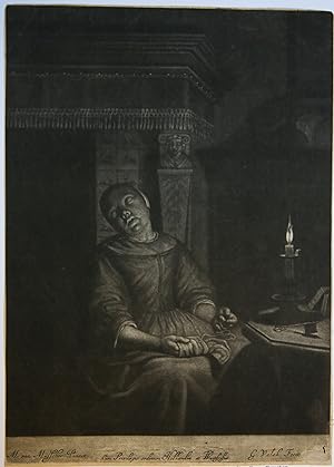 [Antique print, mezzotint] Sleeping woman/Slapende vrouw met borduurwerk. ca. 1662-1726.