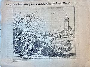 Copperplate etching/engraving of the siege of Sluys, in the Dutch city of Sluis (Zeeland), as it ...