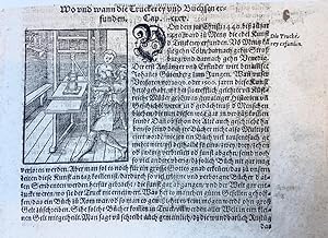 [Antique print, woodcut and letterpress] The printer's workshop [Cosmographia Universalis], publi...