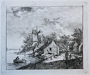 [Two antique prints, etching] View of a village beside a river/ Dorp bij rivier. 1776.