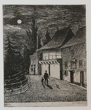 [Antique print, etching] Koppelpoort in Amersfoort by moonlight.