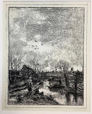 [Lithograph/litografie] Two farmers by the river/twee boeren bij een rivier.