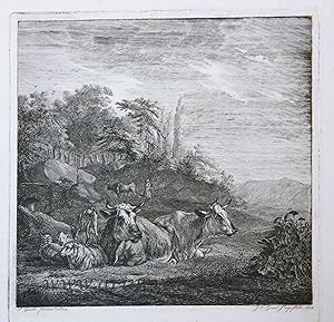 [Antique print, etching] Animals resting on a meadow, published 1852, 1 p.