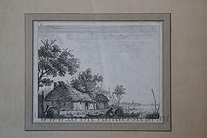 [Antique print, etching] Farm house on a lake/Boerderij bij meer.