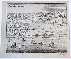 [Antique print, etching] Arx Brittanica/Gezicht op Brittenburg bij Katwijk, published ca. 1649.