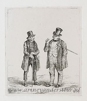[Antique print, etching] Two men with walking sticks and top hat / Twee mannen met wandelstokken ...