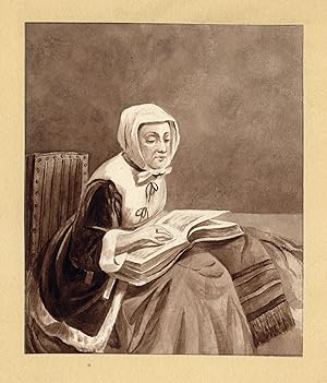 Antique Drawing-PORTRAIT-READING-WOMAN-Terborch or Netscher-ca. 1860