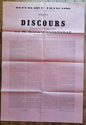 Placard Affiche -discours Gaston MONNERVILLE président du Sénat 9 Octobre 1962 à propos de la mod...