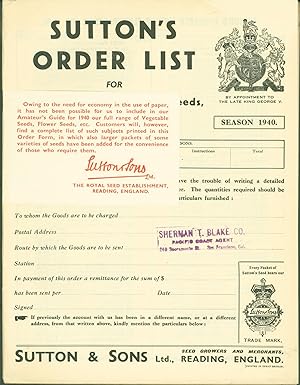 Sutton's Order List for Flower Seeds, Vegetable Seeds, Agricultural Seeds, &c. Season 1938. Seaso...