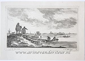 [Antique print, etching and engraving] Travellers crossing a bridge on a river [Regiunculæ Amoeni...