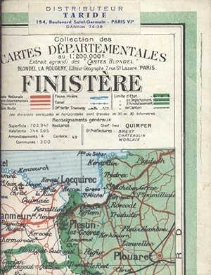 Finistère : Carte départementale en couleurs au 1 200 000e. Vers 1950.