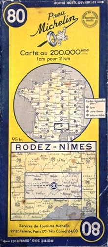 Ancienne Carte Michelin N° 80 : Rodez - Nîmes. Carte au 200.000e.
