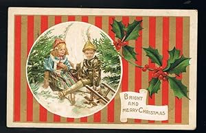 Sledging Children Holly Christmas Postcard