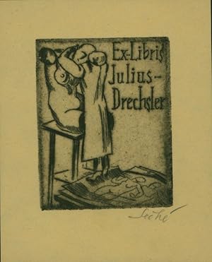 Ex Libris Julius Drechsler. Original Radierung. "Auf Vorzeichnung stehender Bildhauer, Kopf eines...