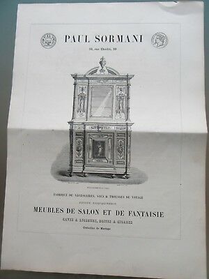 GRANDE PUBLICITÉ ANCIENNE 1870 PARIS PAUL SORMANI 10 RUE CHARLOT MEUBLES SACS