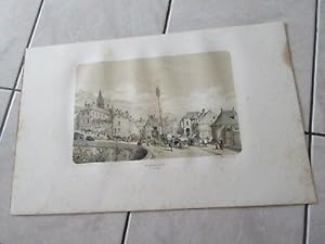 LA ROCHE GUYON GRANDE GRAVURE 1840 PLACE DU MARCHE LITHOGRAPHIE