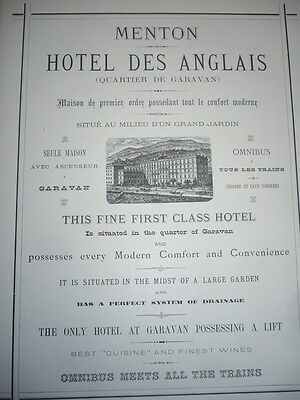 GRANDE PUBLICITÉ ANCIENNE 1884 MENTON HOTEL DES ANGLAIS