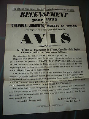 AFFICHE 1895 YONNE RECENSEMENT DES CHEVAUX MULETS