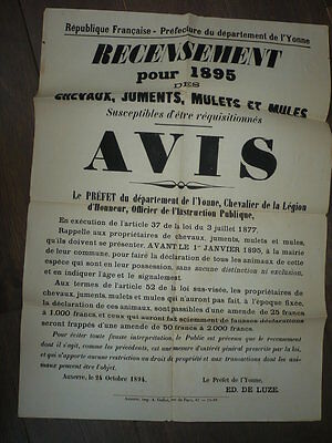 AFFICHE RECENSEMENT 1895 YONNE CHEVAUX JUMENTS