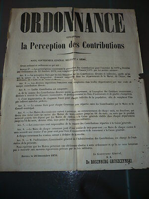AFFICHE 1870 REIMS PERCEPTION DES CONTRIBUTIONS