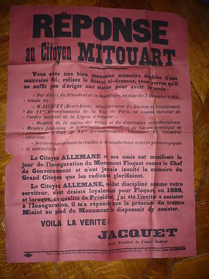 AFFICHE 1910 REPONSE PARTI RADICAL SOCIALISTE JACQUET / MITOUART