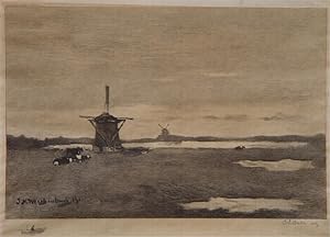 "Holländische Landschaft mit Kühen und Windmühlen" originale Radierung von Carel Lodewijk Dake (1...