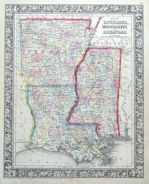Antique Map LOUISIANA, MISSISSIPPI, ARKANSAS, Mitchell Original 1860