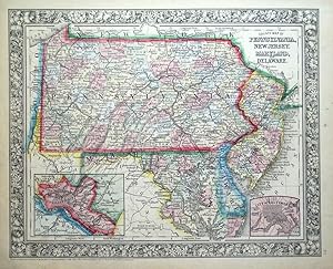 Antique Map PENNSYLVANIA, NEW JERSEY, MARYLAND,DELAWARE, Mitchell Original 1860